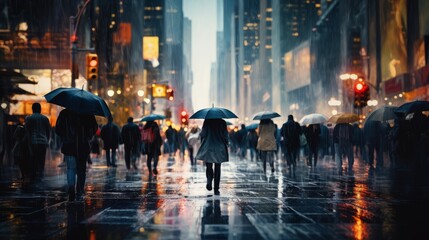 Fototapeta premium A rainy city street with people walking under umbrellas