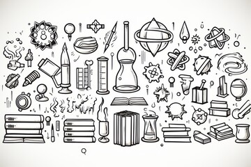 School and Science education elements doodle sketch outline illustration on white background