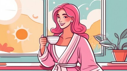 A girl in a pink dress and with pink hair enjoys the morning by the window, drinks coffee from a mug. Silence and rays of the sun create the illusion of calm and comfort. Good morning concept