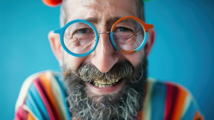A senior man with a beard wearing glasses and a clown hat, showcasing a whimsical and humorous outfit. - obrazy, fototapety, plakaty