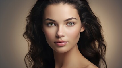 Fototapeta premium A woman with long brown hair and a white tank top is smiling