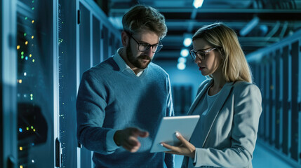 Male and a female IT professional in a data center, with the woman holding a tablet and the man observing, likely collaborating on a task.