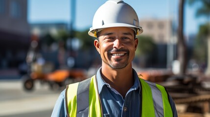 Obraz premium A man wearing a safety vest and a hard hat is smiling