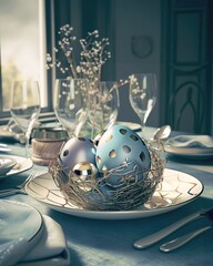 Easter table setting with colored eggs and cutlery, in a beautiful koinata interior, 3D rendering