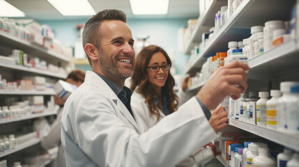 Smiling pharmacists in white coats, working and discussing medication options in a well-stocked pharmacy. - obrazy, fototapety, plakaty