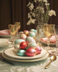 Easter table setting with colored eggs and cutlery, in a beautiful koinata interior, 3D rendering