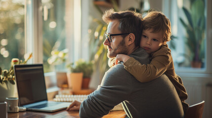 Father working from home with his child near his shoulder - obrazy, fototapety, plakaty