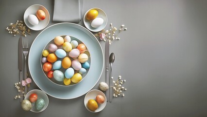 Easter table setting with colored eggs and cutlery. 3D rendering, top view, flatley, copy space