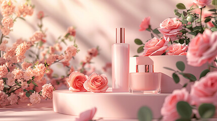 Elegant skincare products on a tray with blooming roses and soft light for a spa concept.