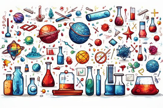 School and Science education elements doodle sketch outline illustration on white background