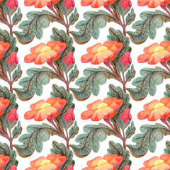 Decorative flowers seamless pattern. Botanical illustration drawing with watercolors and colored pencils. The tapestry is created by hand. Plant print for textiles.