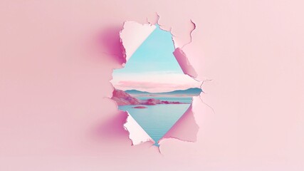 Torn paper in pastel colors, 3D rendering. Hole in paper with a view of the seascape through the hole, lilac and pink color. Paper art style.