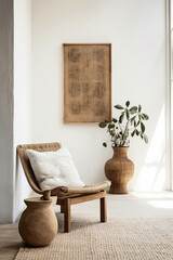 Dive into the bohemian atmosphere modern living area, wicker chair, floor vases, and a blank mockup poster frame against a crisp white wall.