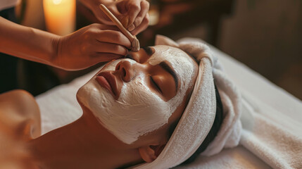 Relaxed woman receiving a facial treatment with a mask being applied to her face by a spa therapist in a serene spa environment.