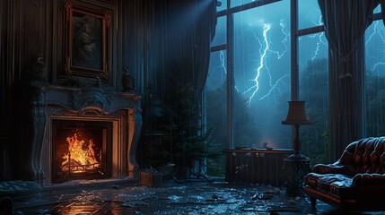 Fototapeta na wymiar fireplace in thunderstorm cozy home outside bad weather background
