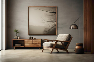 Envision a contemporary living space with wooden furniture against a textured concrete backdrop. A...