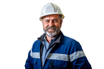 Portrait of a worker or industrial engineer wearing a hard hat and worker uniform in a factory plant or refinery. Image with no background. Generative AI