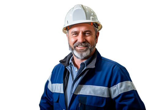 Portrait of a worker or industrial engineer wearing a hard hat and worker uniform in a factory plant or refinery. Image with no background. Generative AI