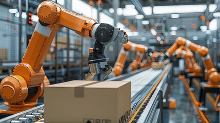Industrial robot arm in warehouse next to conveyor belt packing goods into boxes