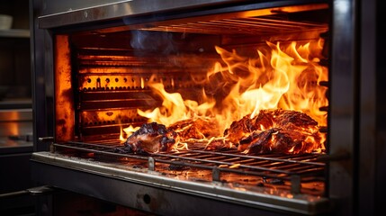 Close up of burning grill meat for dinner in the oven in background of modern restaurant. Cooking concept of food and dish.