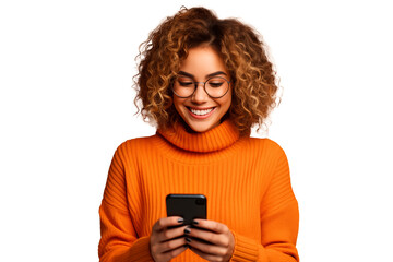 Curly haired woman smiling while typing on her smartphone. Image without background. Generative AI