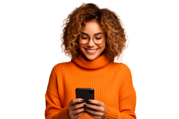 Curly haired woman smiling while typing on her smartphone. Image without background. Generative AI