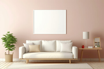 Envision a cozy setup with a single beige and Scandinavian sofa and a white blank empty frame for copy text, against a soft color wall background.
