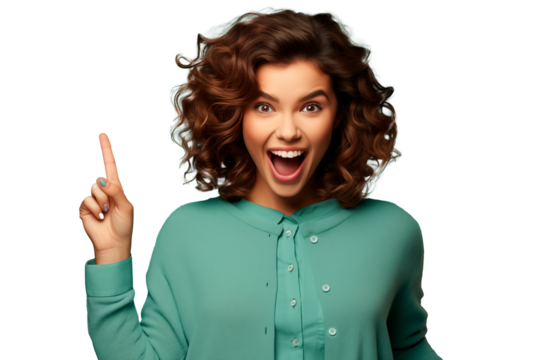 Beautiful young woman with a surprised facial expression pointing at something with her finger. Image without background. Generative AI