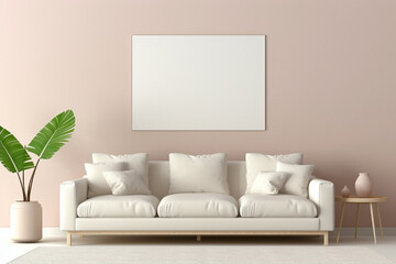 Envision a peaceful setting with a beige and Scandinavian sofa and a white blank empty frame for copy text, against a soft color wall background.