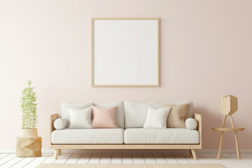 Envision a peaceful setting with a beige and Scandinavian sofa and a white blank empty frame for copy text, against a soft color wall background.