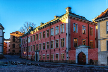 Fototapeta premium Old pink classical building on Birger Jarls torg was called Riddarholmstorget square in Riddarholmen