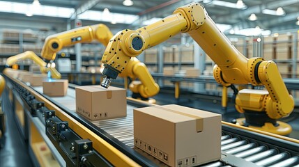 Robot arm in packing factory workig with boxes.