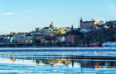 Old Town pier architecture in Sodermalm district of Stockholm, Sweden - obrazy, fototapety, plakaty
