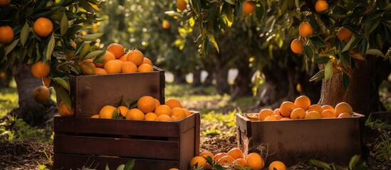 Three crates made of wood filled with oranges from the orchard, showcasing the natural beauty of locally grown fruits in a picturesque landscape