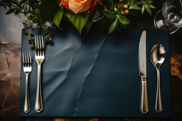cutlery setting on a restaurant table advertising food photography - obrazy, fototapety, plakaty