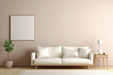 Envision a serene scene with a single beige and Scandinavian sofa accompanied by a white blank empty frame for copy text, against a soft color wall background.