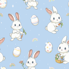 Seamless pattern with white bunnies and Easter eggs