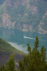view of a Norwegian mountain river with clear blue water, on which a white private yacht moves.