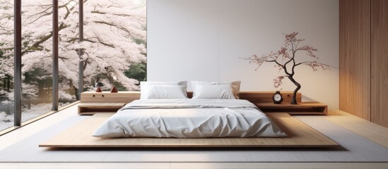 Japanese minimalist style bedroom with modern white wall and wooden floor.