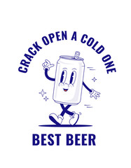 Retro cartoon beer can character vector illustration. Vintage funny bottle mascot. Poster for bar, restaurant, shop