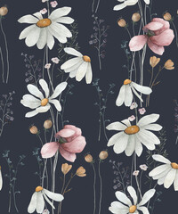 Watercolor seamless pattern with flowers . Hand drawn flortal  illustration on gray background - 756691109
