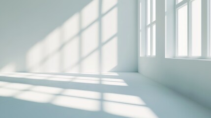 Fototapeta premium Abstract white studio background for product presentation. Empty room with shadows of window. Display product with blurred backdrop.