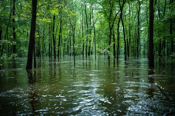 A serene yet somber sight of a flooded forest, signifying nature's power and the impact of climate change