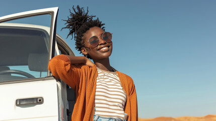 Cheerful young woman leaning out of the window of a vehicle, smiling broadly and wearing sunglasses, with her hair tied up, set against a sunny desert backdrop.