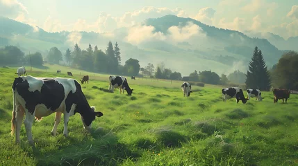Zelfklevend Fotobehang Cows grazing in a lush green pasture with a stunning mountain backdrop. The cows are black and white, and the pasture is dotted with wildflowers. © Huseyn
