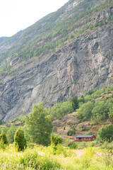 Norwegian fjord mountain scenery with cliffs where there is a red wooden house surrounded by green trees. Sunny summer day.