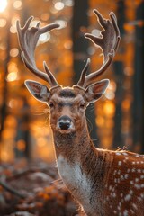 Majestic stag standing proudly in an enchanting golden hour forest, reflective of calmness and wilderness