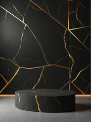 Elegant Black Gold Stone Wall and Podium with Mockup Space