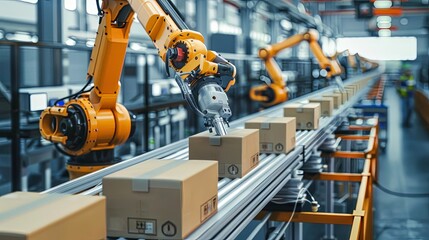 Automated conveyor belt in logistic warehouse packing and shipping cartboard boxes with artificial inteligence robot arm