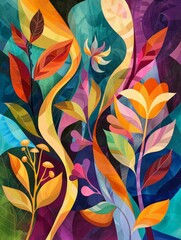 A painting showcasing an array of colorful flowers and leaves in vivid hues, creating a lively and dynamic visual composition.